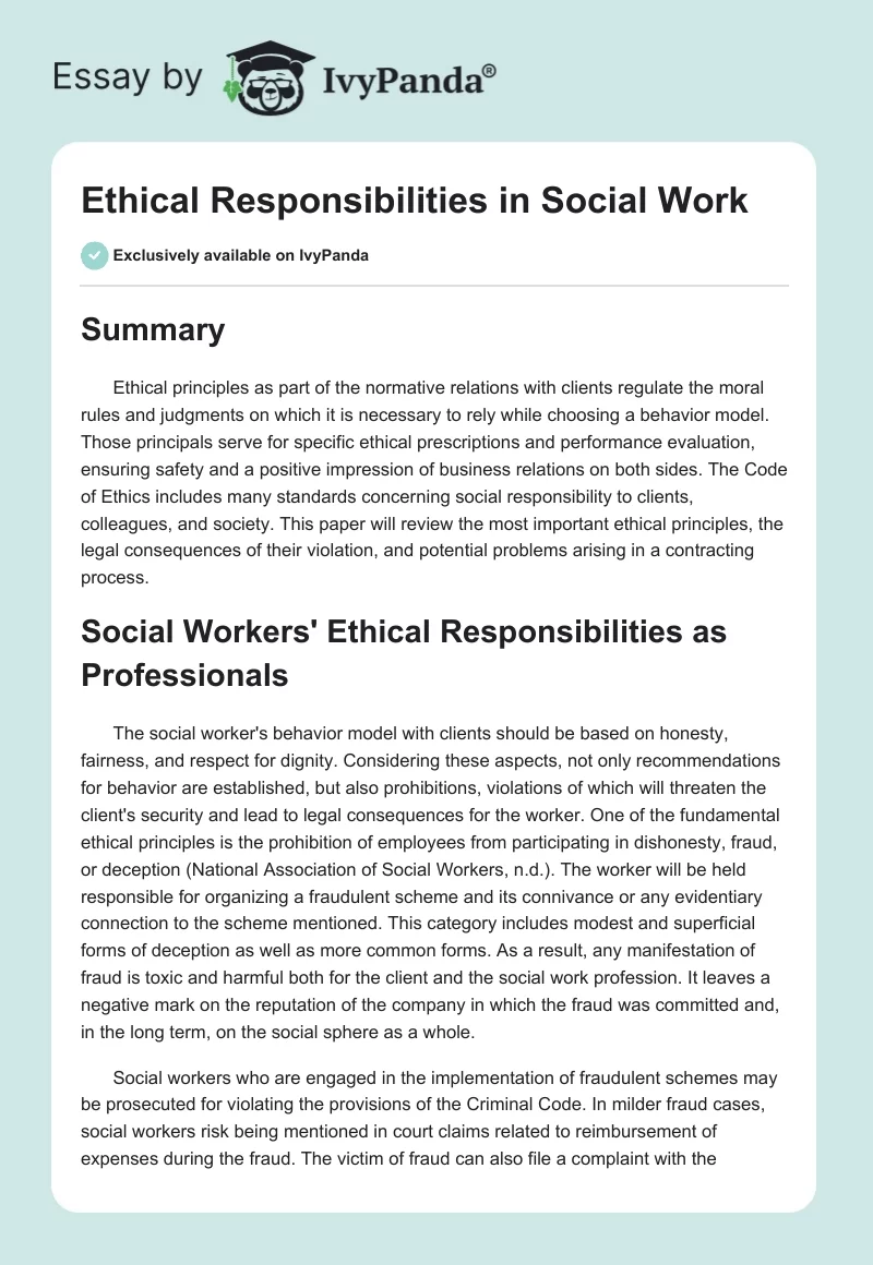 Ethical Responsibilities in Social Work. Page 1