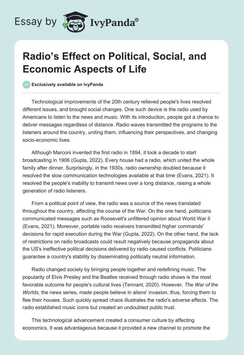 Radio’s Effect on Political, Social, and Economic Aspects of Life. Page 1