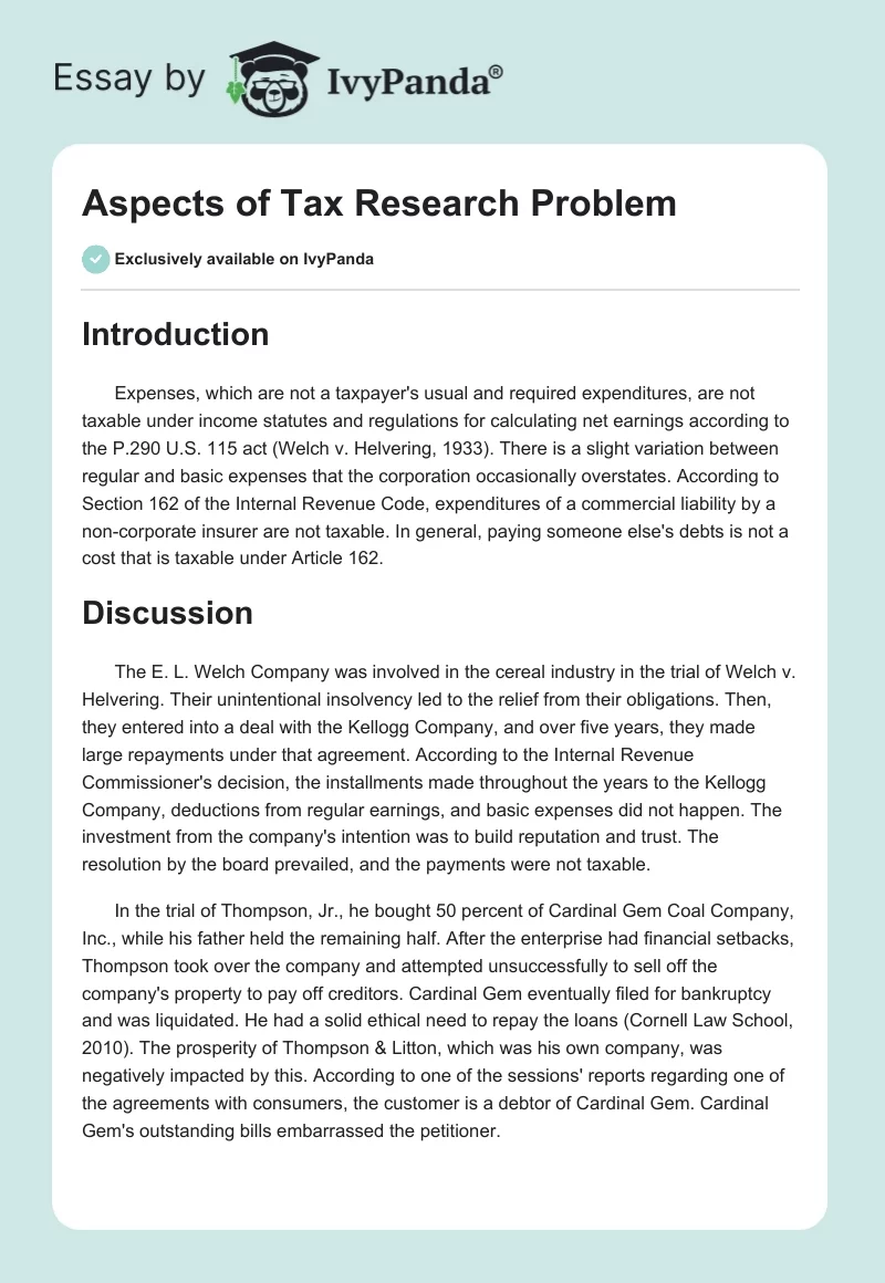 Aspects of Tax Research Problem. Page 1