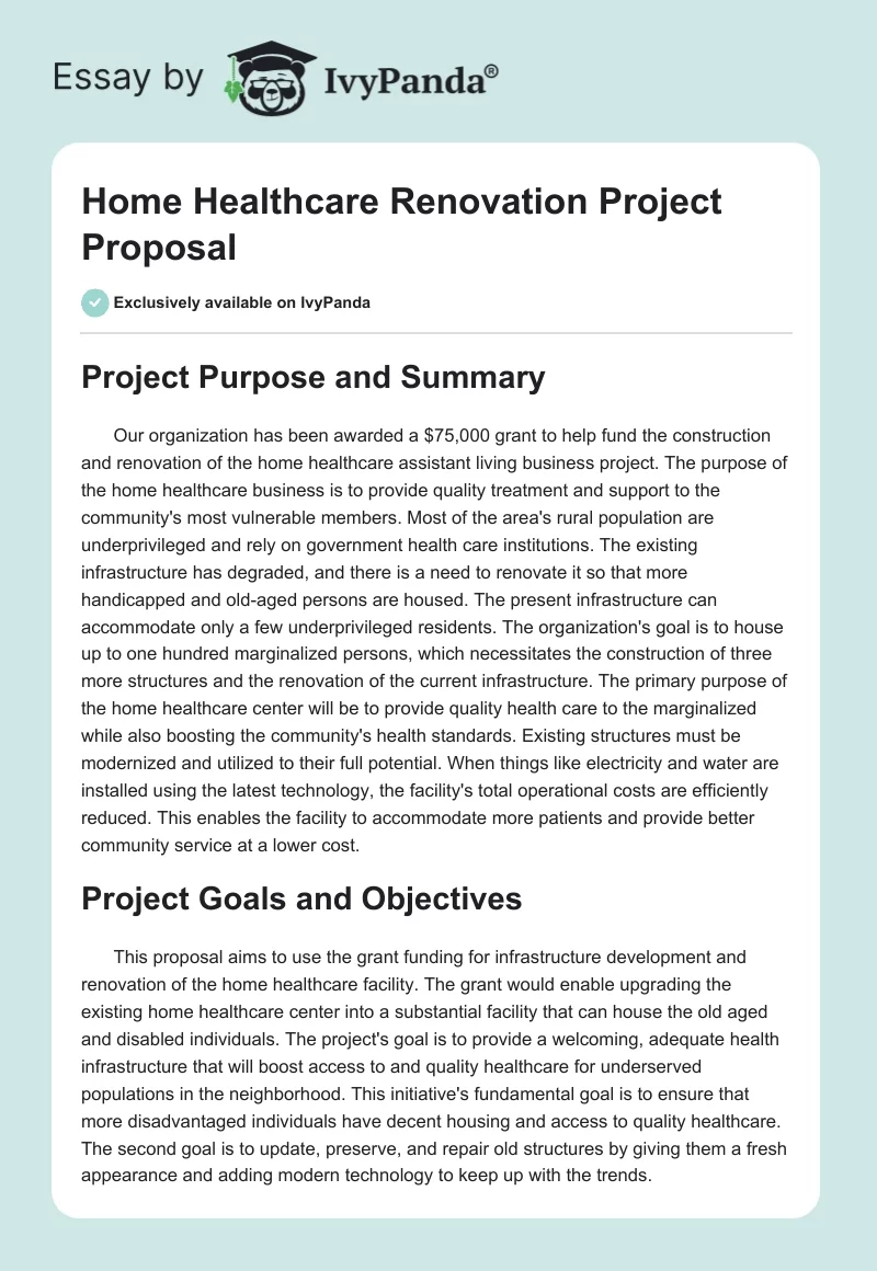 Home Healthcare Renovation Project Proposal. Page 1