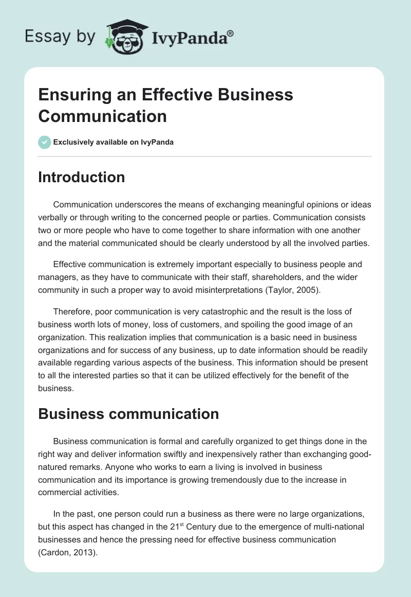 Ensuring an Effective Business Communication. Page 1