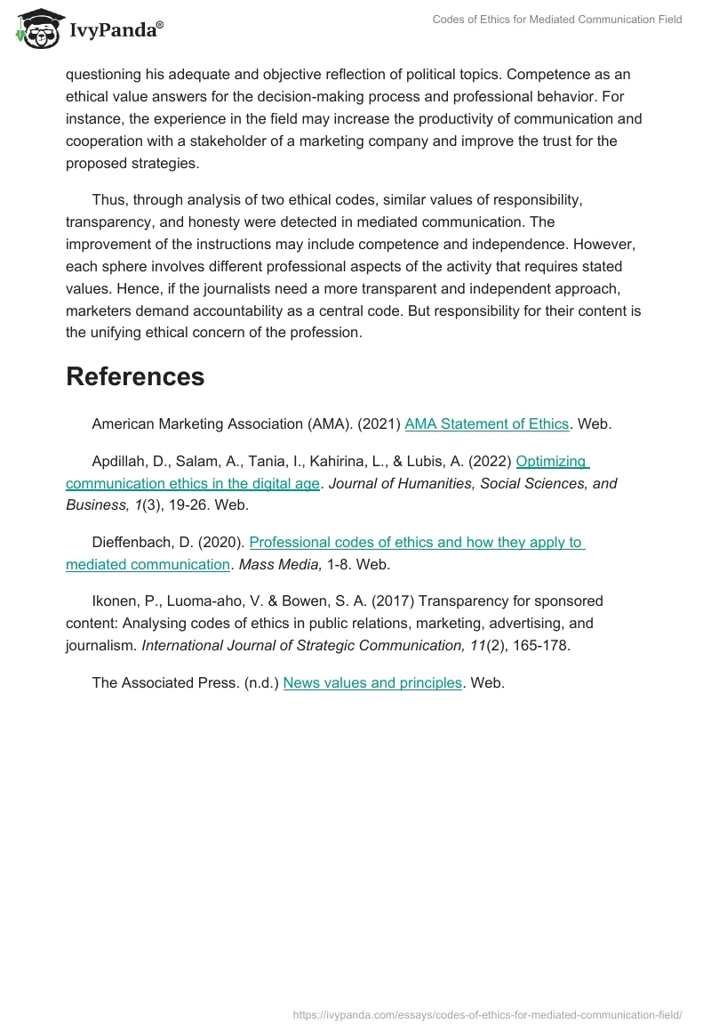 Codes of Ethics for Mediated Communication Field. Page 4
