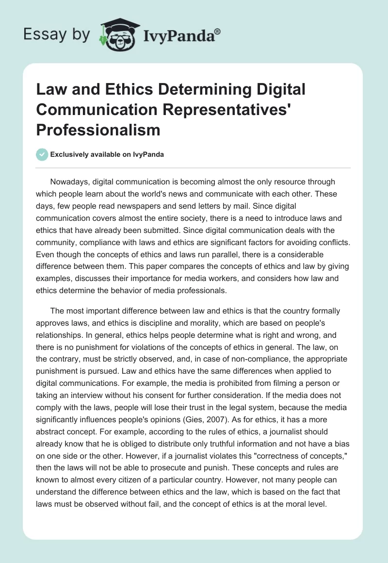 Law and Ethics Determining Digital Communication Representatives' Professionalism. Page 1