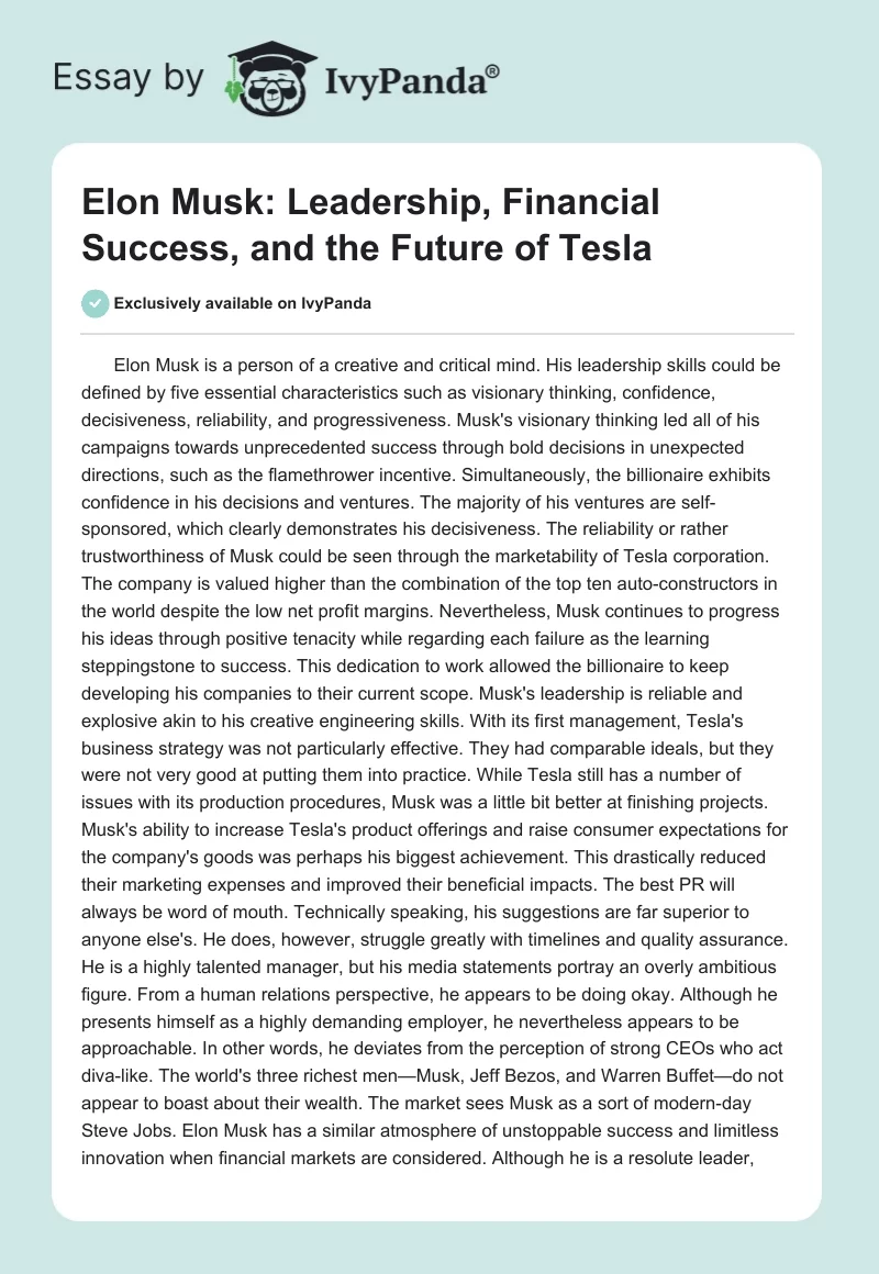 Elon Musk: Leadership, Financial Success, and the Future of Tesla. Page 1