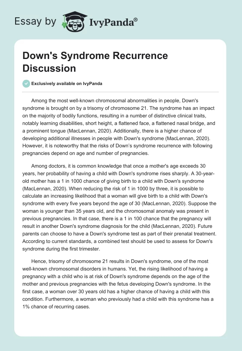 Down's Syndrome Recurrence Discussion. Page 1
