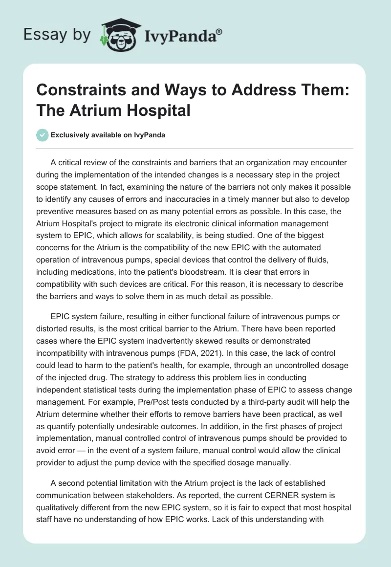 Constraints and Ways to Address Them: The Atrium Hospital. Page 1
