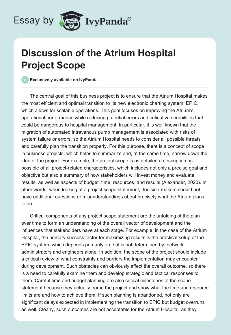 Discussion of the Atrium Hospital Project Scope. Page 1
