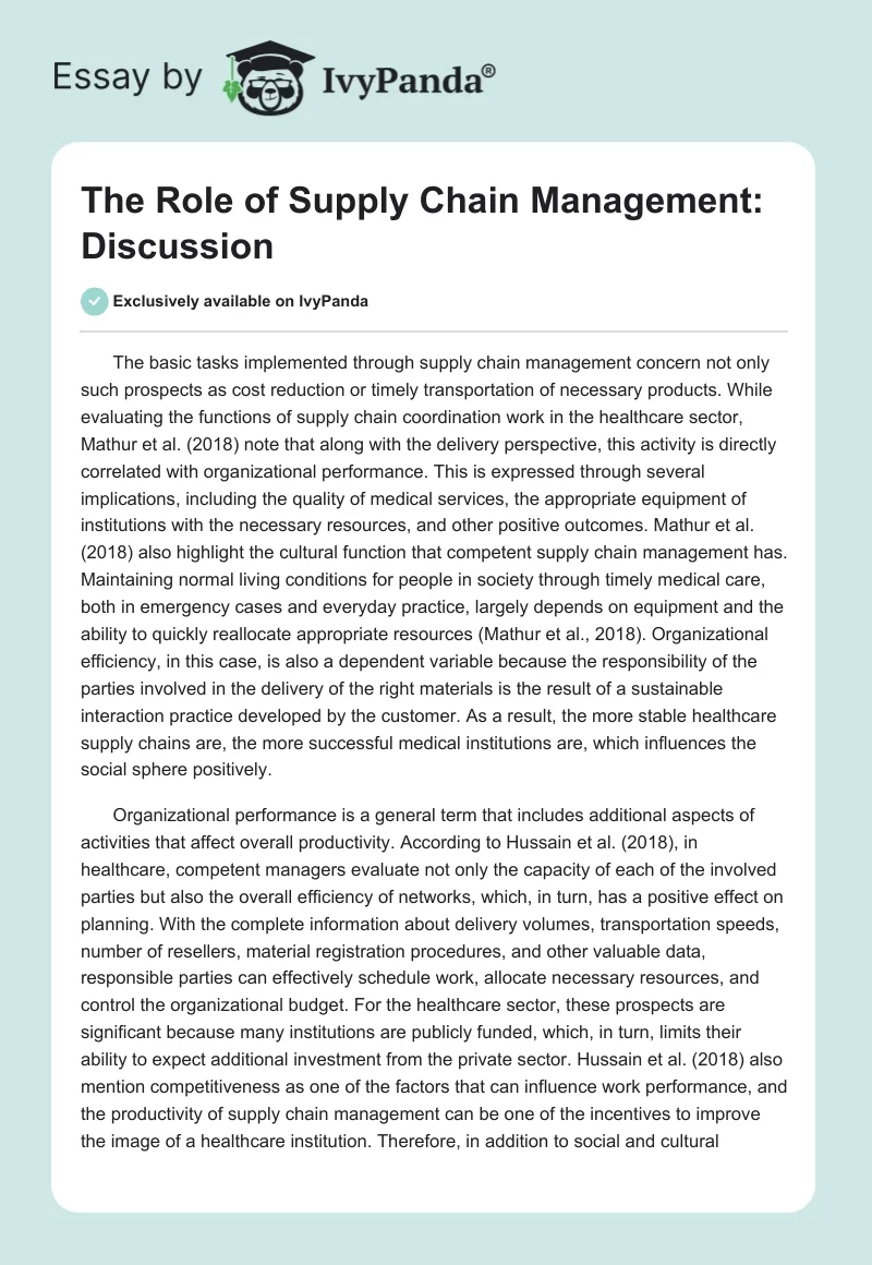 The Role of Supply Chain Management: Discussion. Page 1