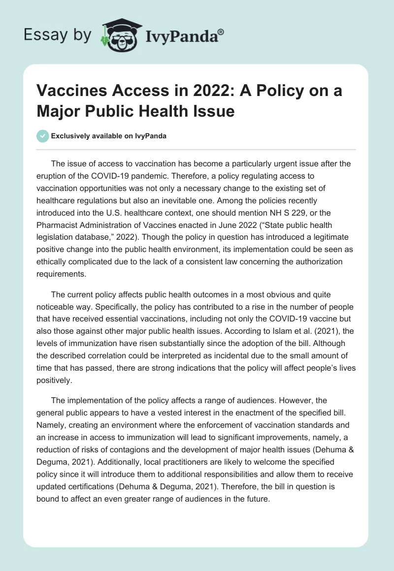 Vaccines Access in 2022: A Policy on a Major Public Health Issue. Page 1