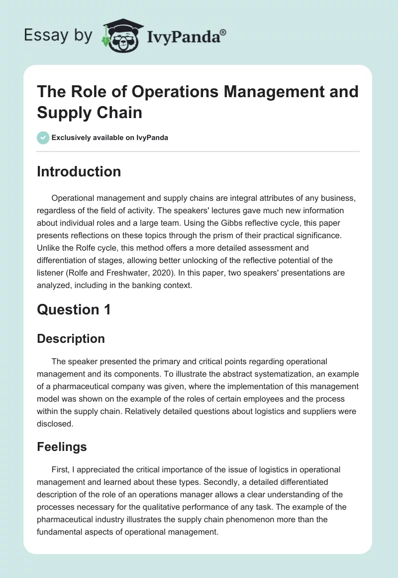 The Role of Operations Management and Supply Chain. Page 1