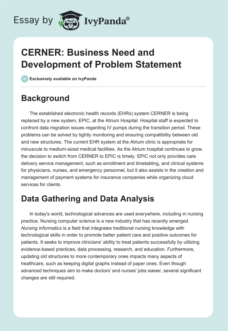 CERNER: Business Need and Development of Problem Statement. Page 1