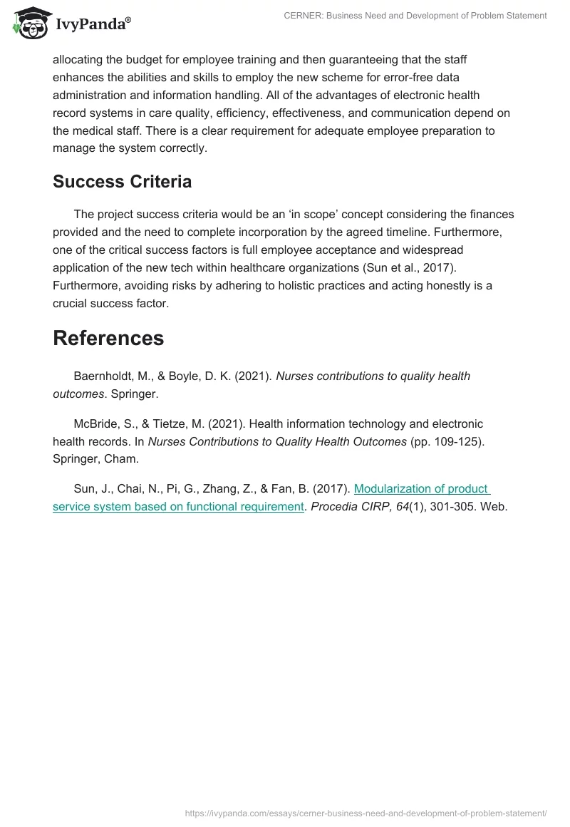 CERNER: Business Need and Development of Problem Statement. Page 3