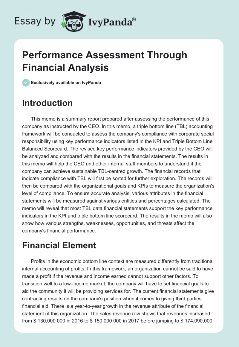 Performance Assessment Through Financial Analysis. Page 1
