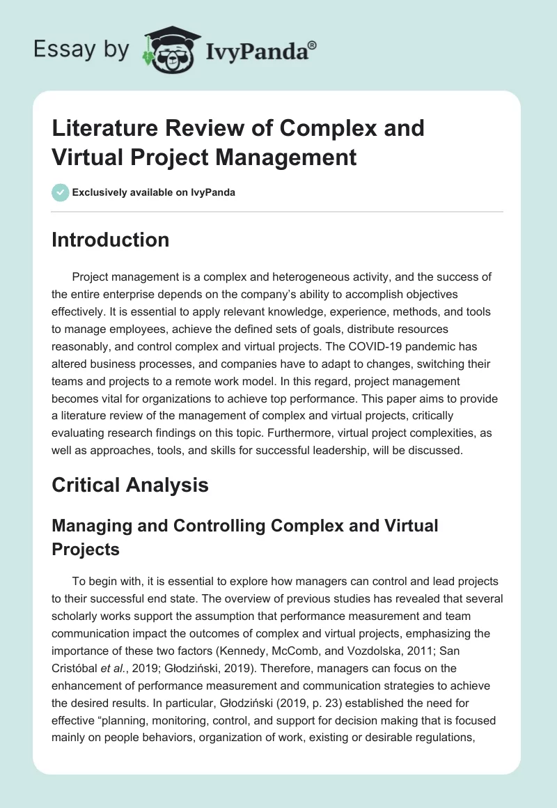 Literature Review of Complex and Virtual Project Management. Page 1