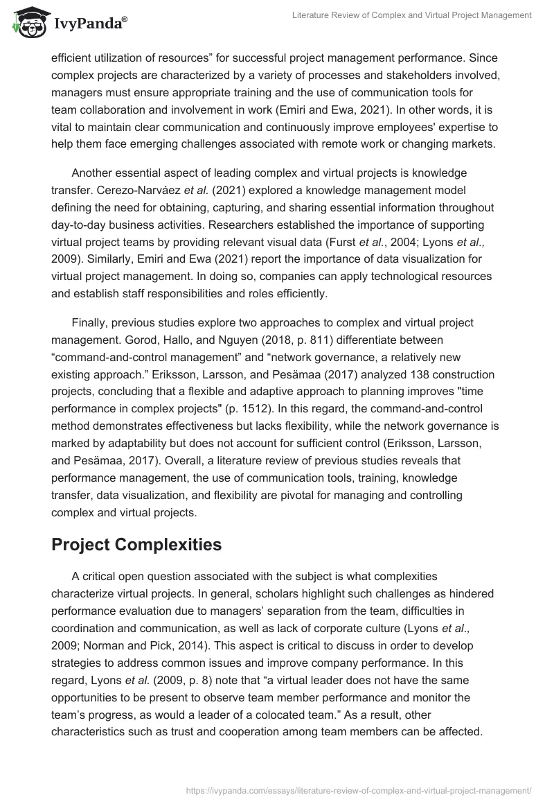 Literature Review of Complex and Virtual Project Management. Page 2