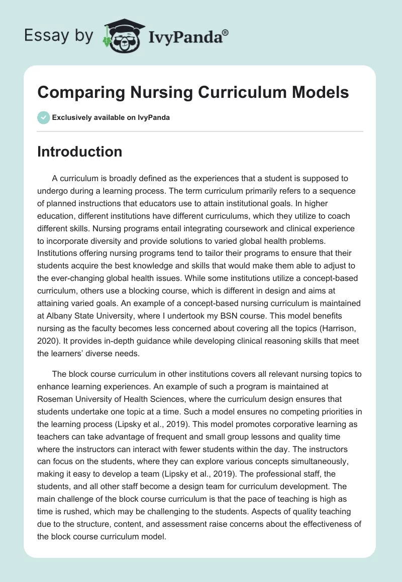 Comparing Nursing Curriculum Models. Page 1