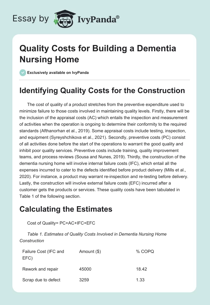 Quality Costs for Building a Dementia Nursing Home. Page 1