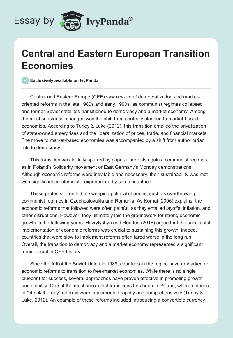 Central and Eastern European Transition Economies. Page 1
