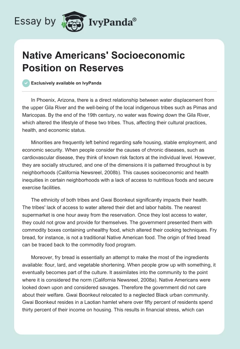 Native Americans' Socioeconomic Position on Reserves. Page 1