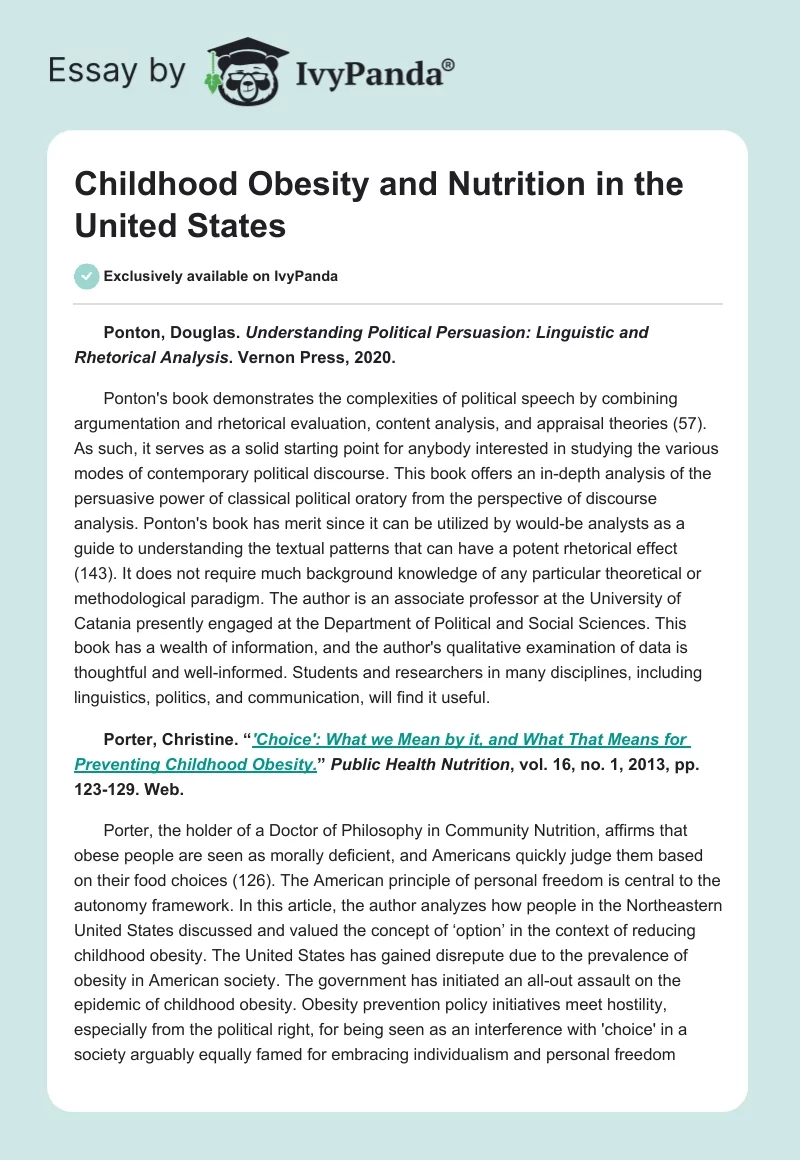 Childhood Obesity and Nutrition in the United States. Page 1