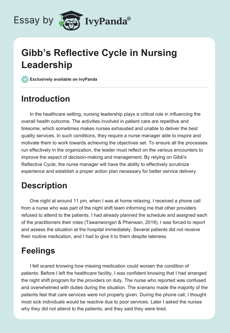 Gibb’s Reflective Cycle in Nursing Leadership. Page 1