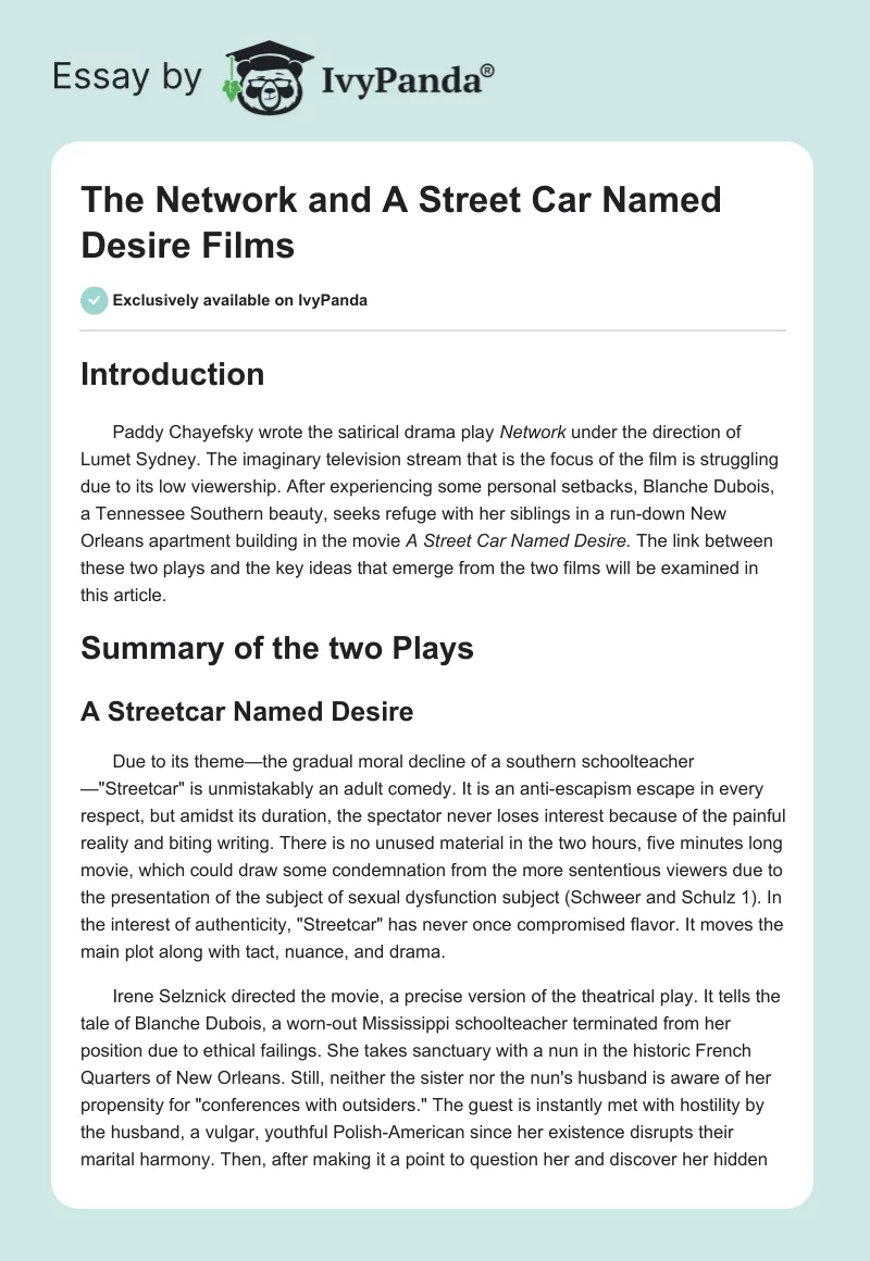 The "Network" and "A Street Car Named Desire" Films. Page 1