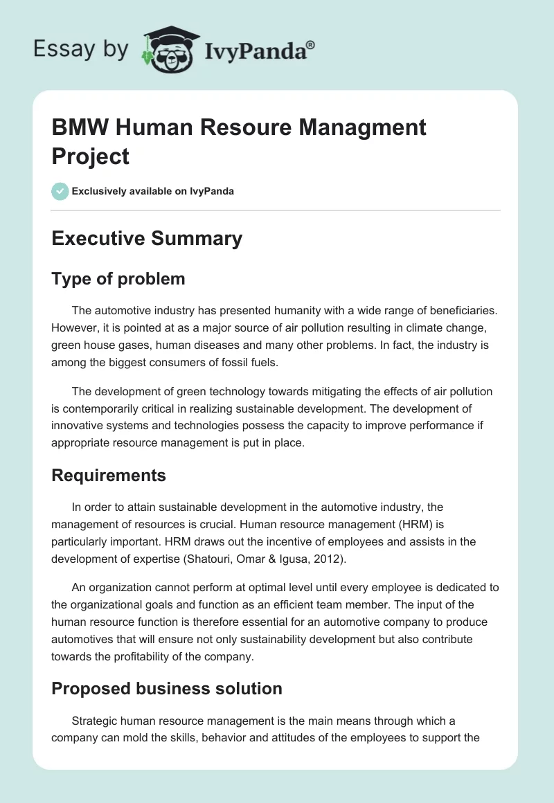 BMW Human Resoure Managment Project. Page 1