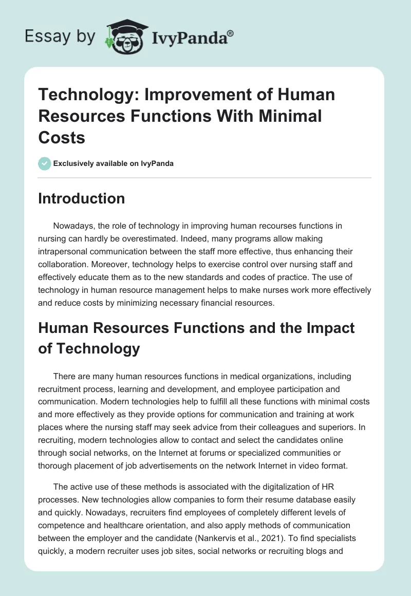 Technology: Improvement of Human Resources Functions With Minimal Costs. Page 1
