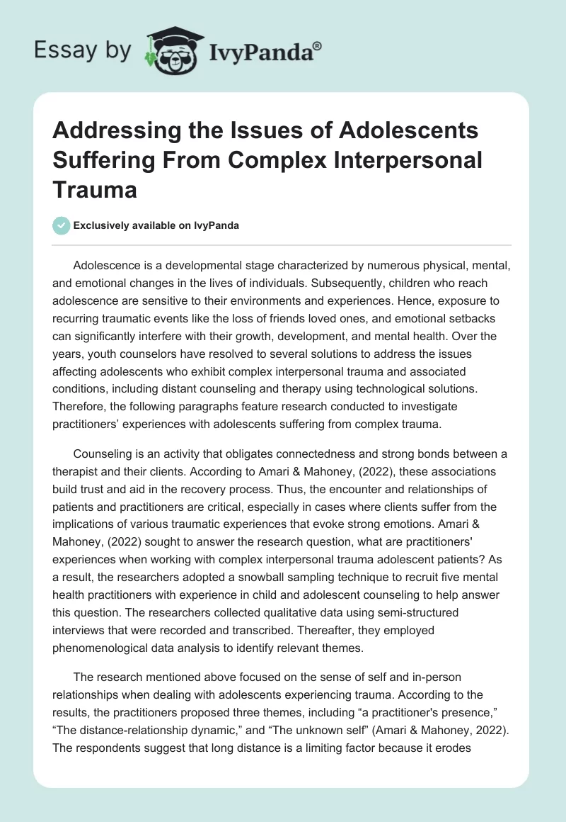 Addressing the Issues of Adolescents Suffering From Complex Interpersonal Trauma. Page 1