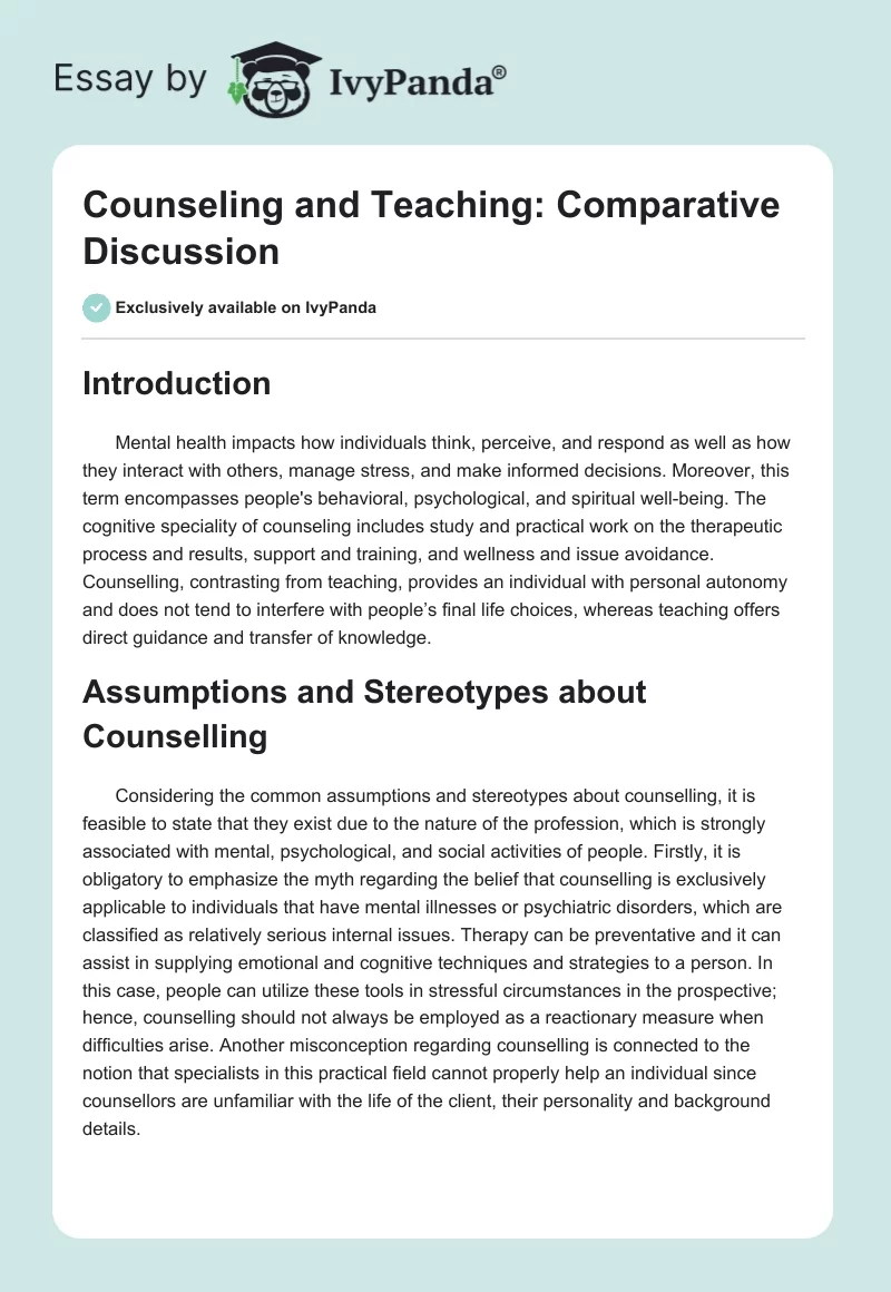 Counseling and Teaching: Comparative Discussion. Page 1