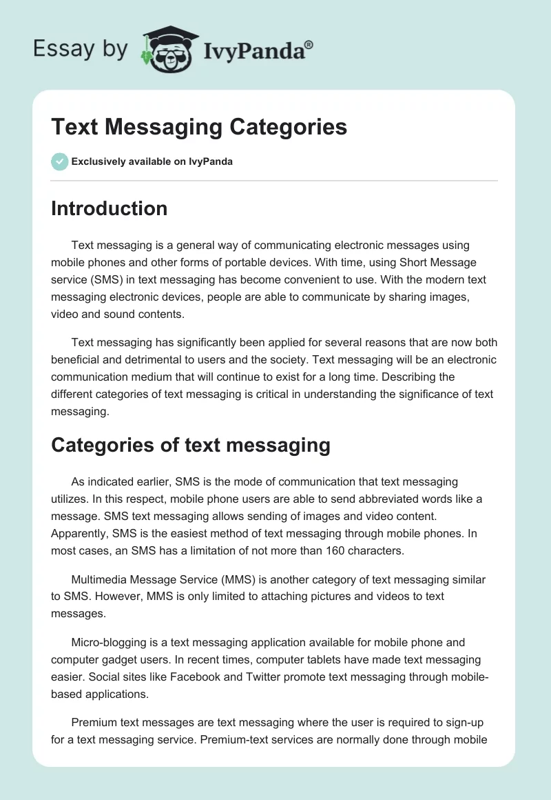 Text Messaging Categories. Page 1