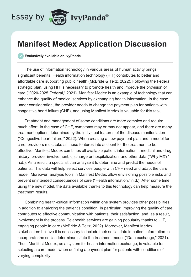 Manifest Medex Application Discussion. Page 1