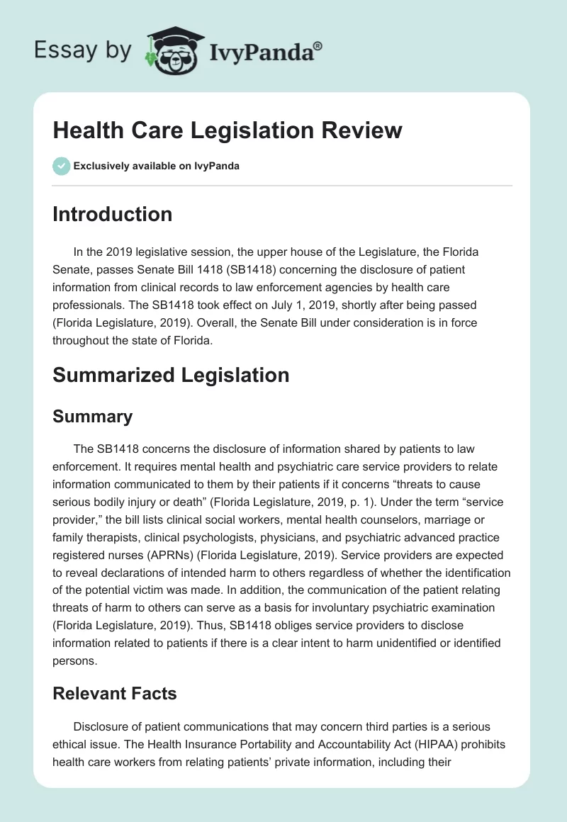 Health Care Legislation Review. Page 1