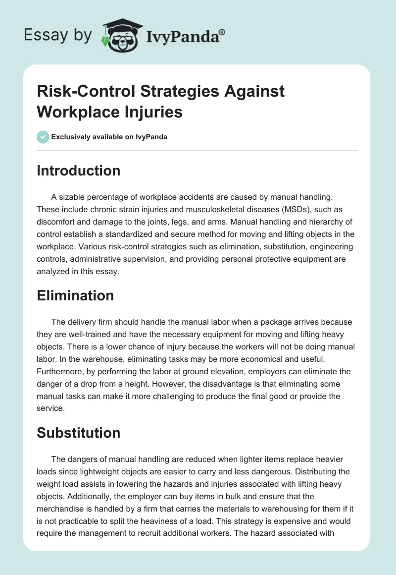 Risk-Control Strategies Against Workplace Injuries. Page 1