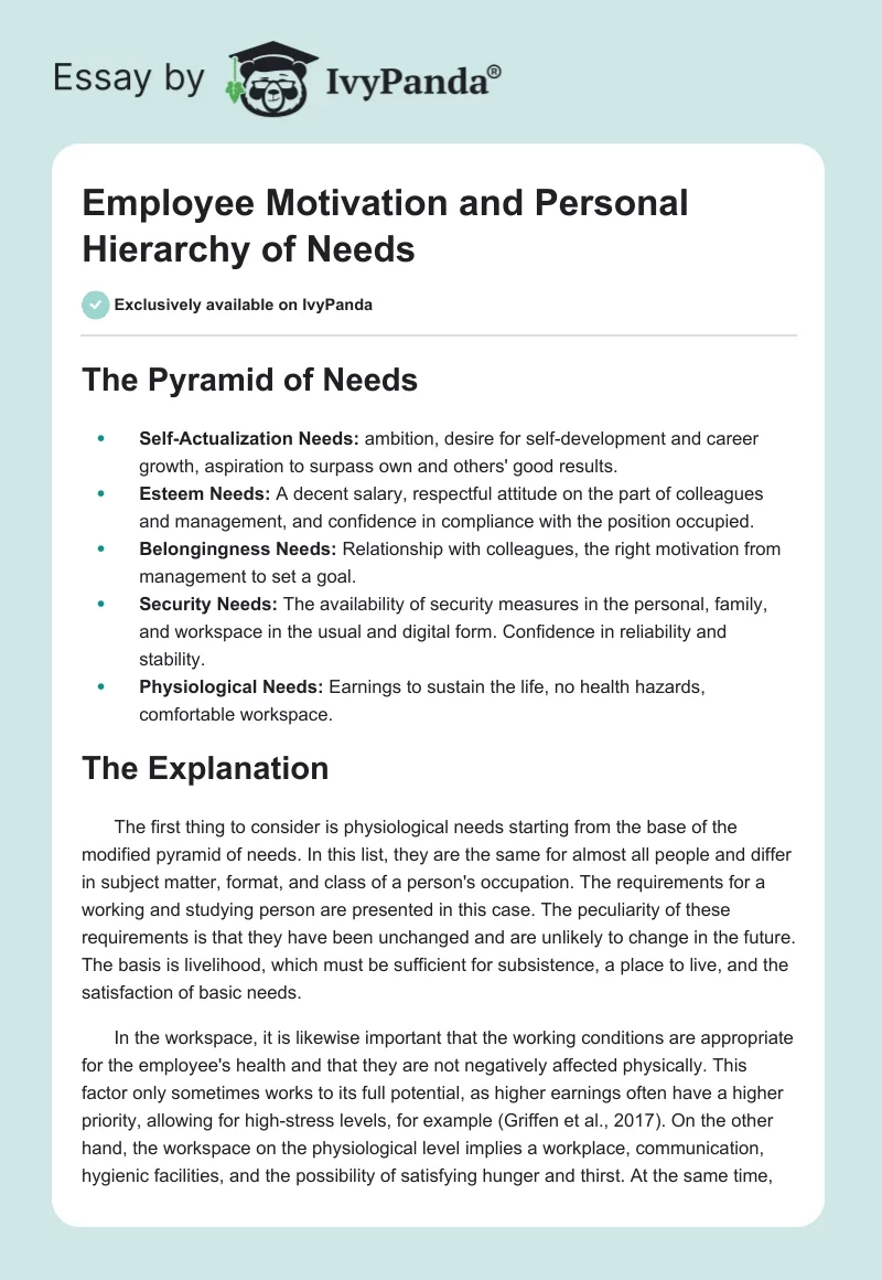 Employee Motivation and Personal Hierarchy of Needs. Page 1