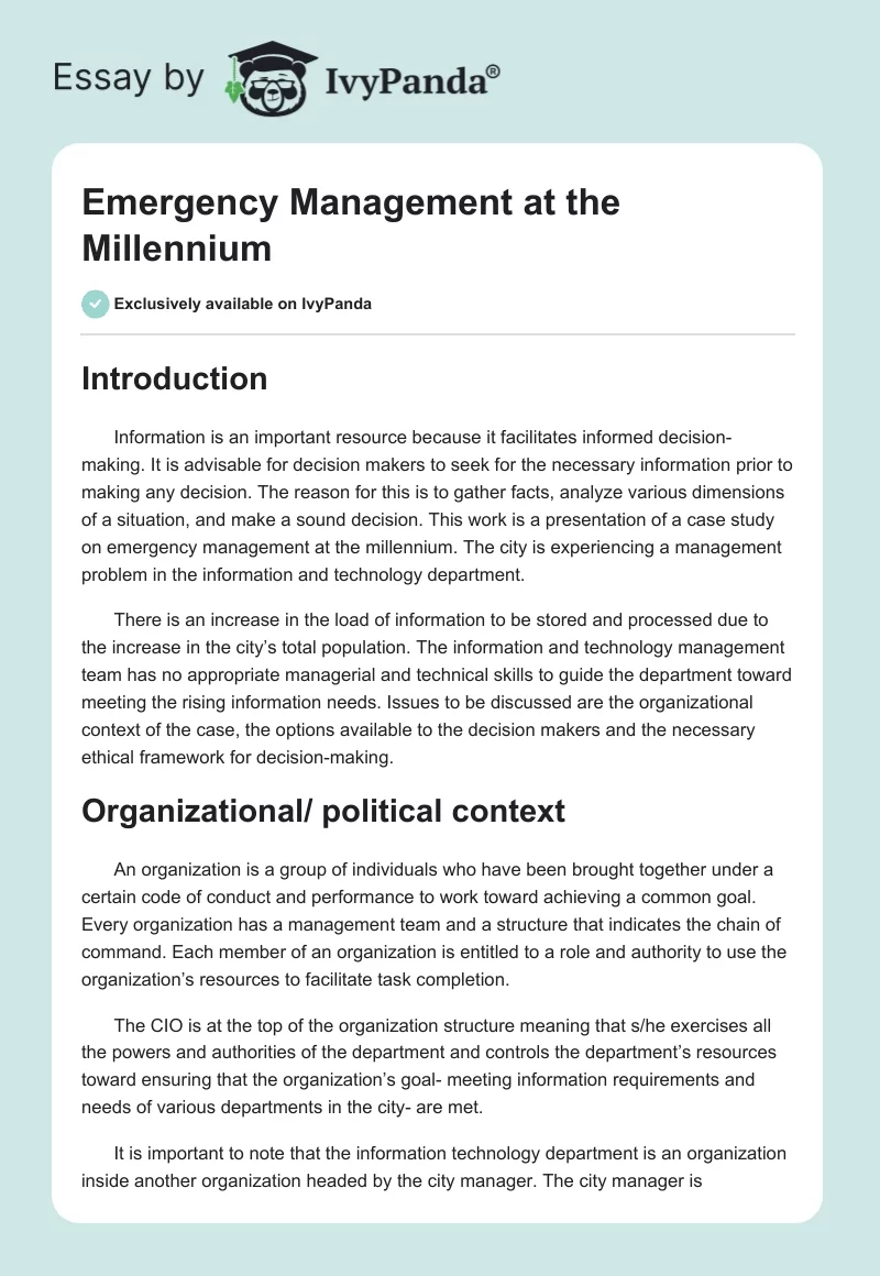 Emergency Management at the Millennium. Page 1