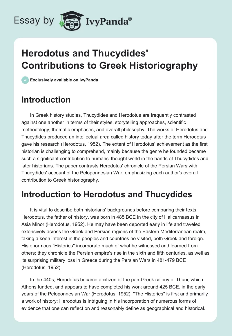 Herodotus and Thucydides' Contributions to Greek Historiography. Page 1