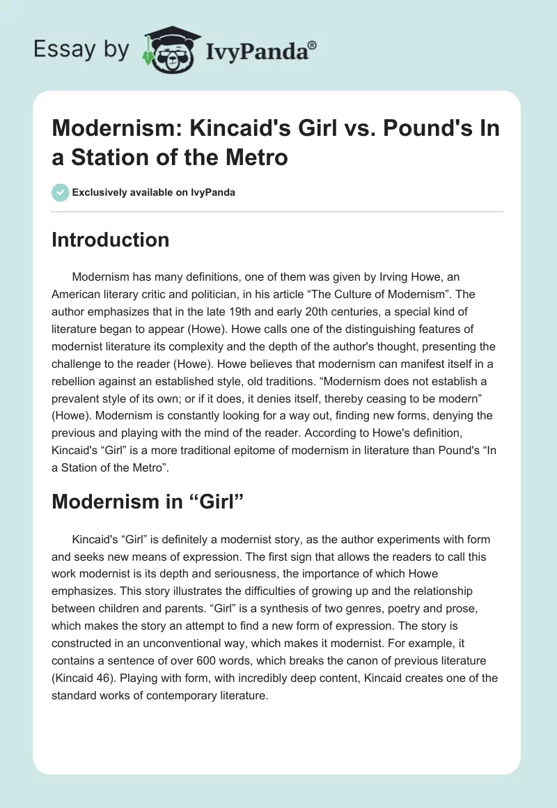 Modernism: Kincaid's Girl vs. Pound's in a Station of the Metro. Page 1