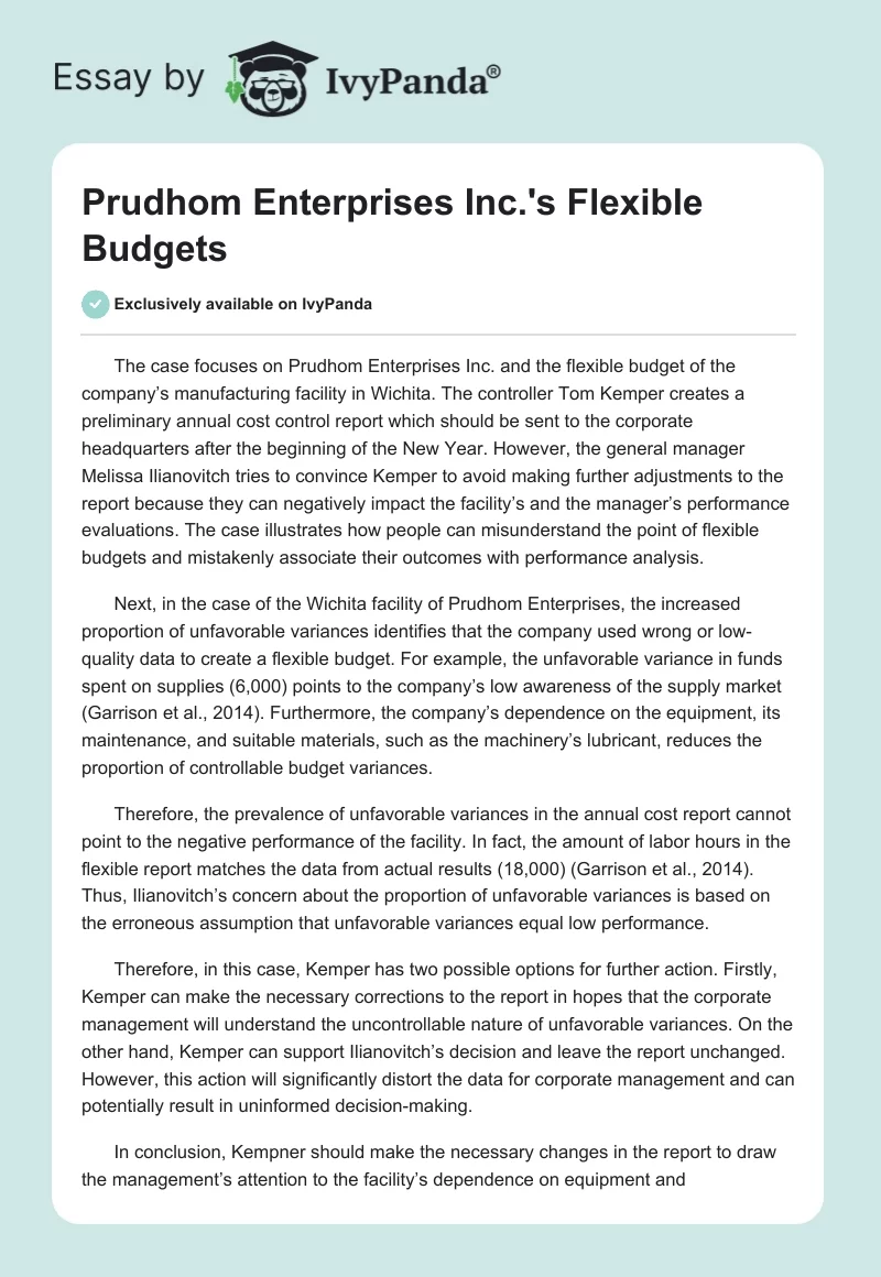 Prudhom Enterprises Inc.'s Flexible Budgets. Page 1