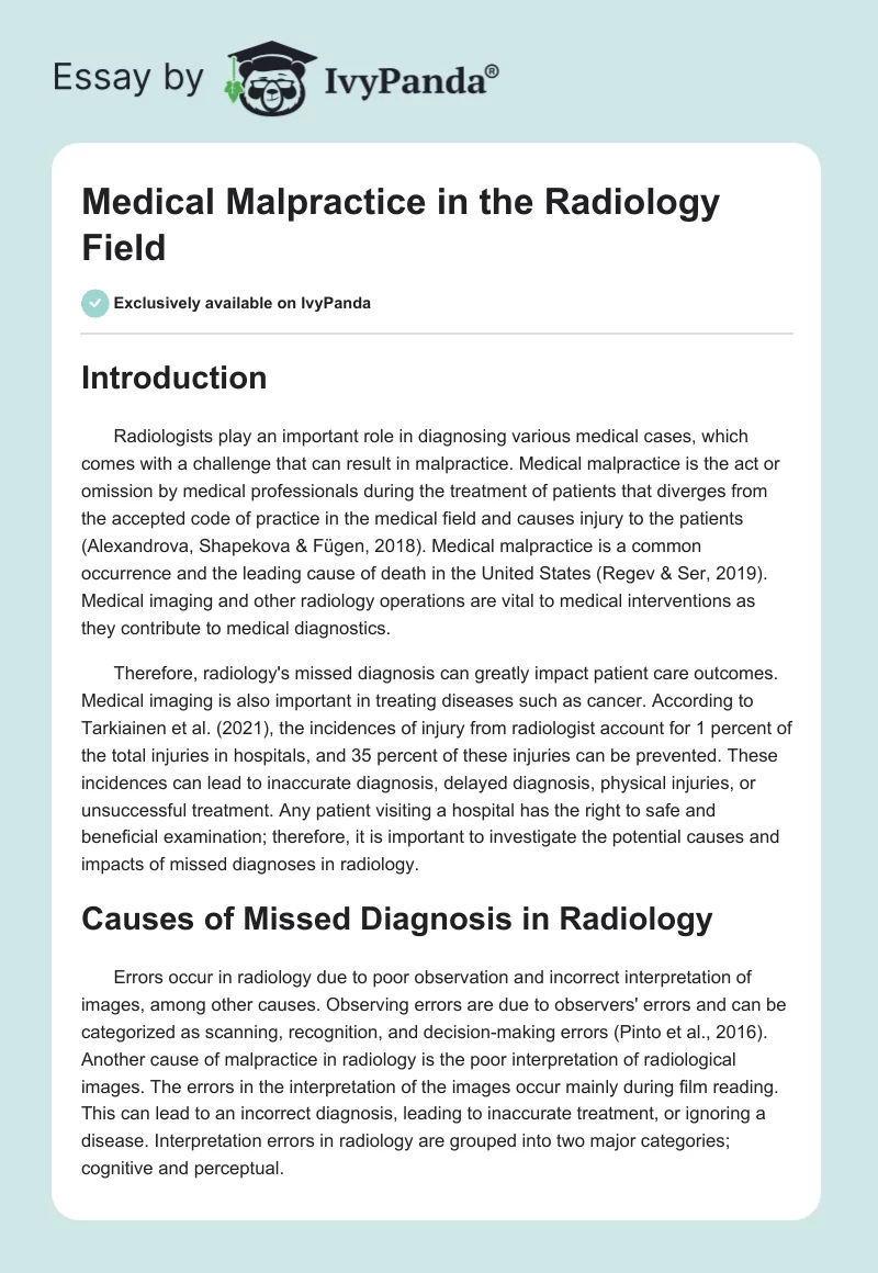 Medical Malpractice in the Radiology Field. Page 1