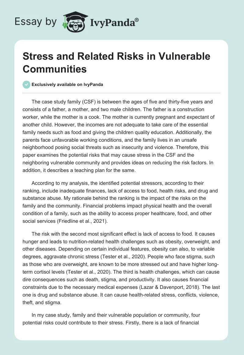 Stress and Related Risks in Vulnerable Communities. Page 1