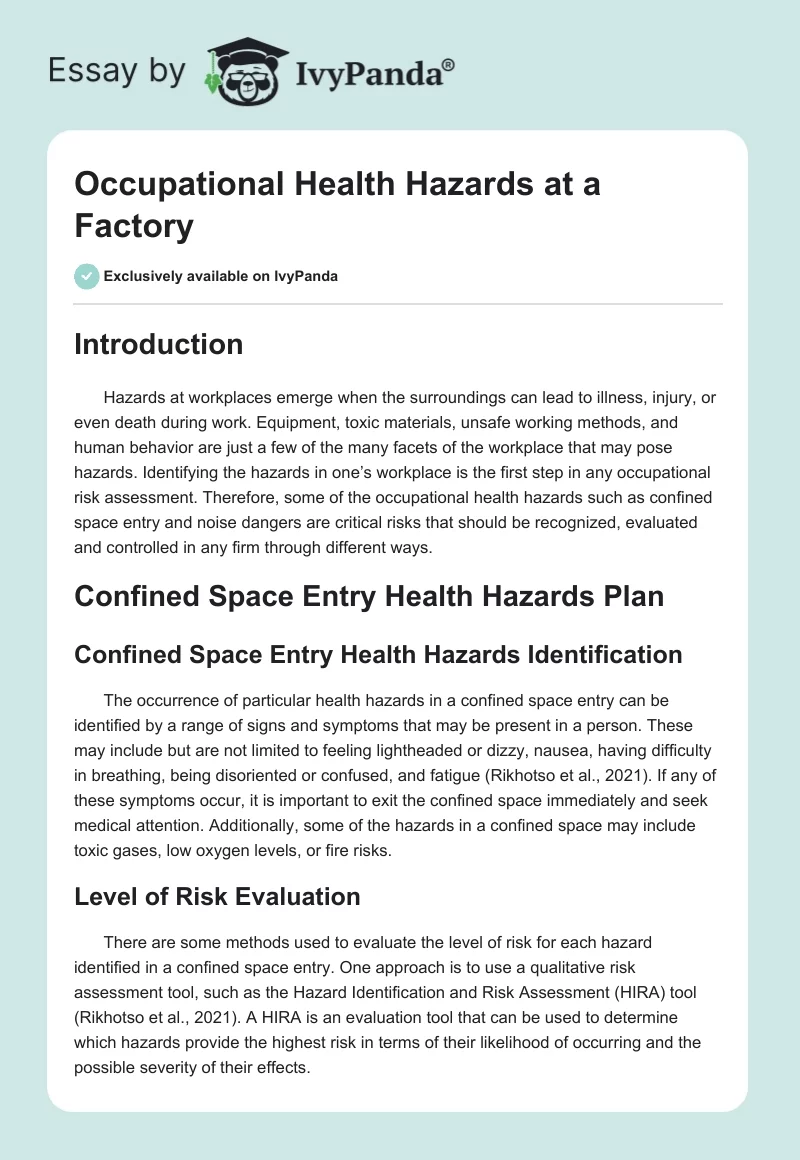Occupational Health Hazards at a Factory. Page 1