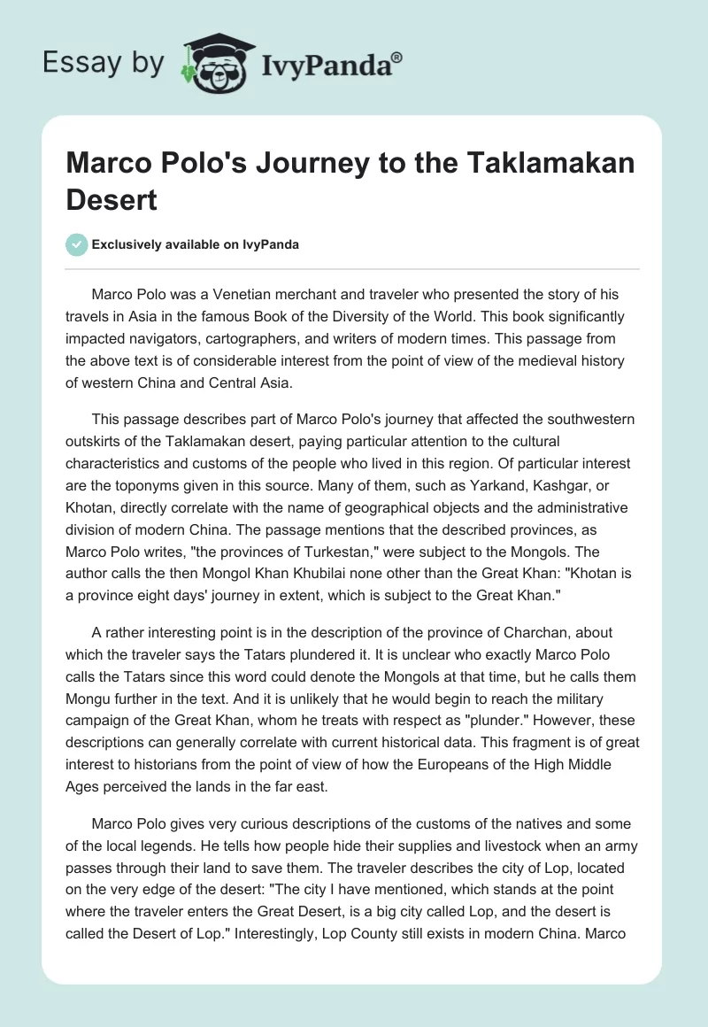 Marco Polo's Journey to the Taklamakan Desert. Page 1