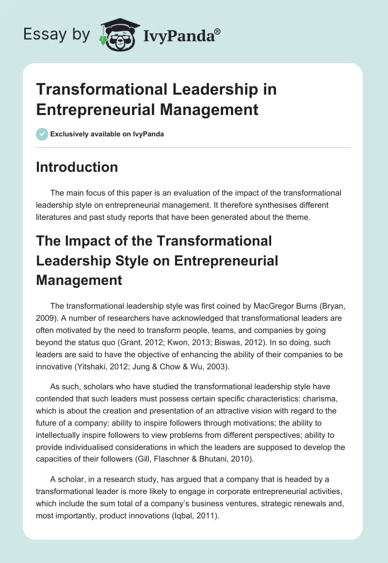 Transformational Leadership in Entrepreneurial Management. Page 1
