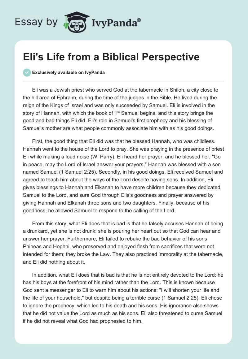 Eli's Life from a Biblical Perspective. Page 1