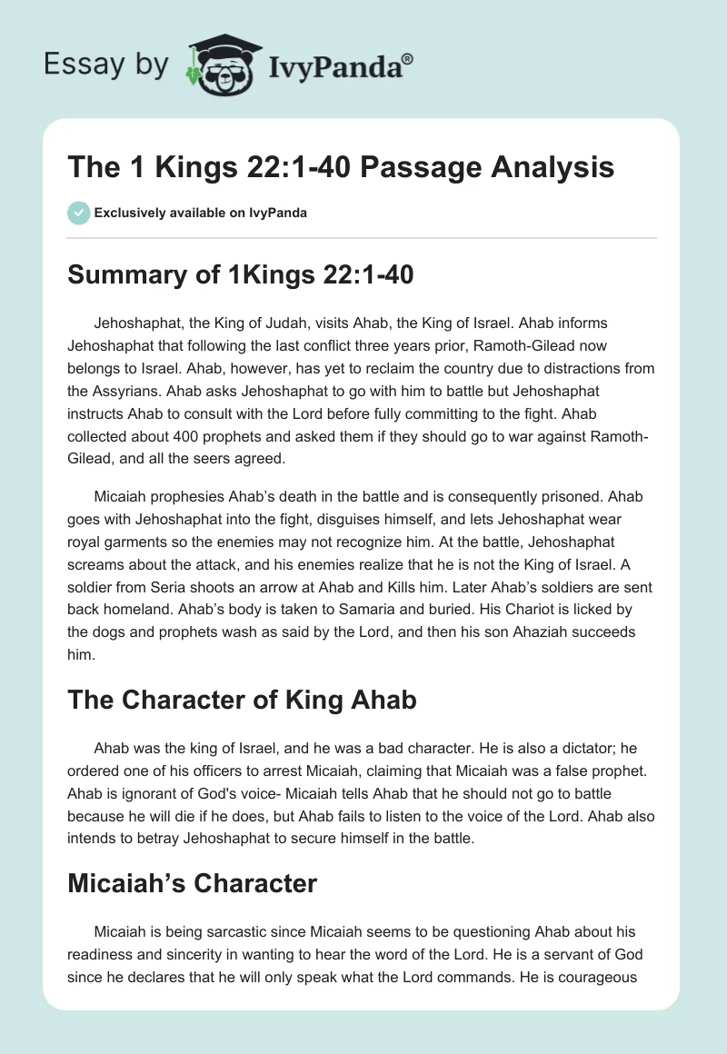 The 1 Kings 22:1-40 Passage Analysis. Page 1