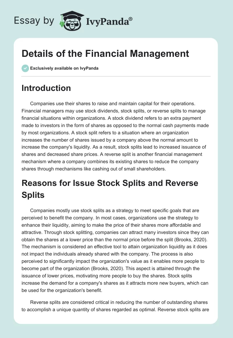 Details of the Financial Management. Page 1