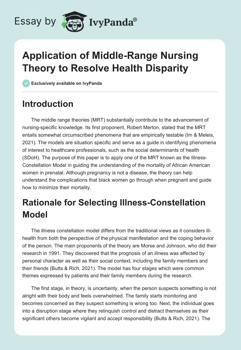 Application of Middle-Range Nursing Theory to Resolve Health Disparity. Page 1