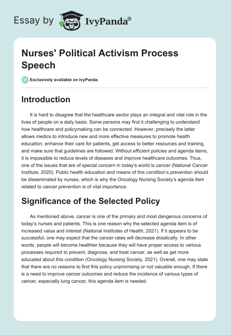 Nurses' Political Activism Process Speech. Page 1