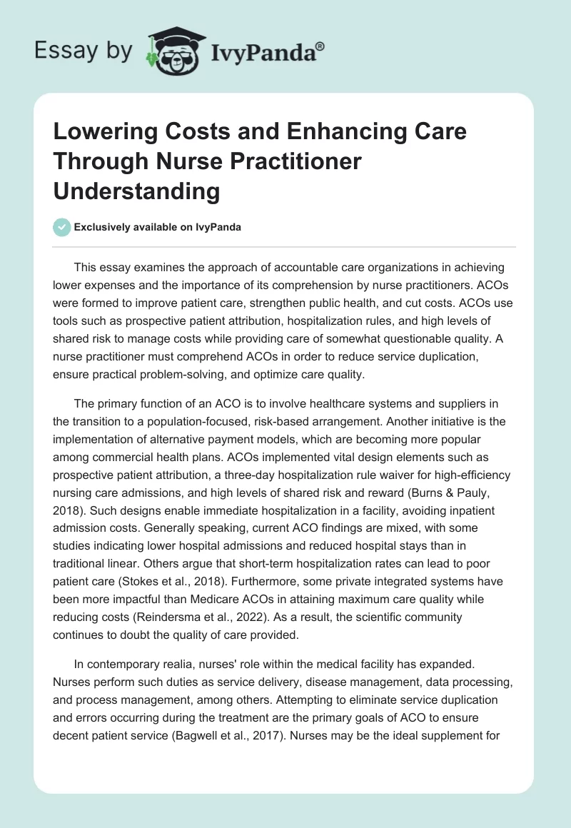 Lowering Costs and Enhancing Care Through Nurse Practitioner Understanding. Page 1